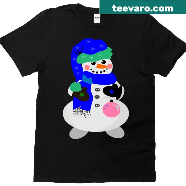 T-shirt featuring a cartoon snowman with a blue cup