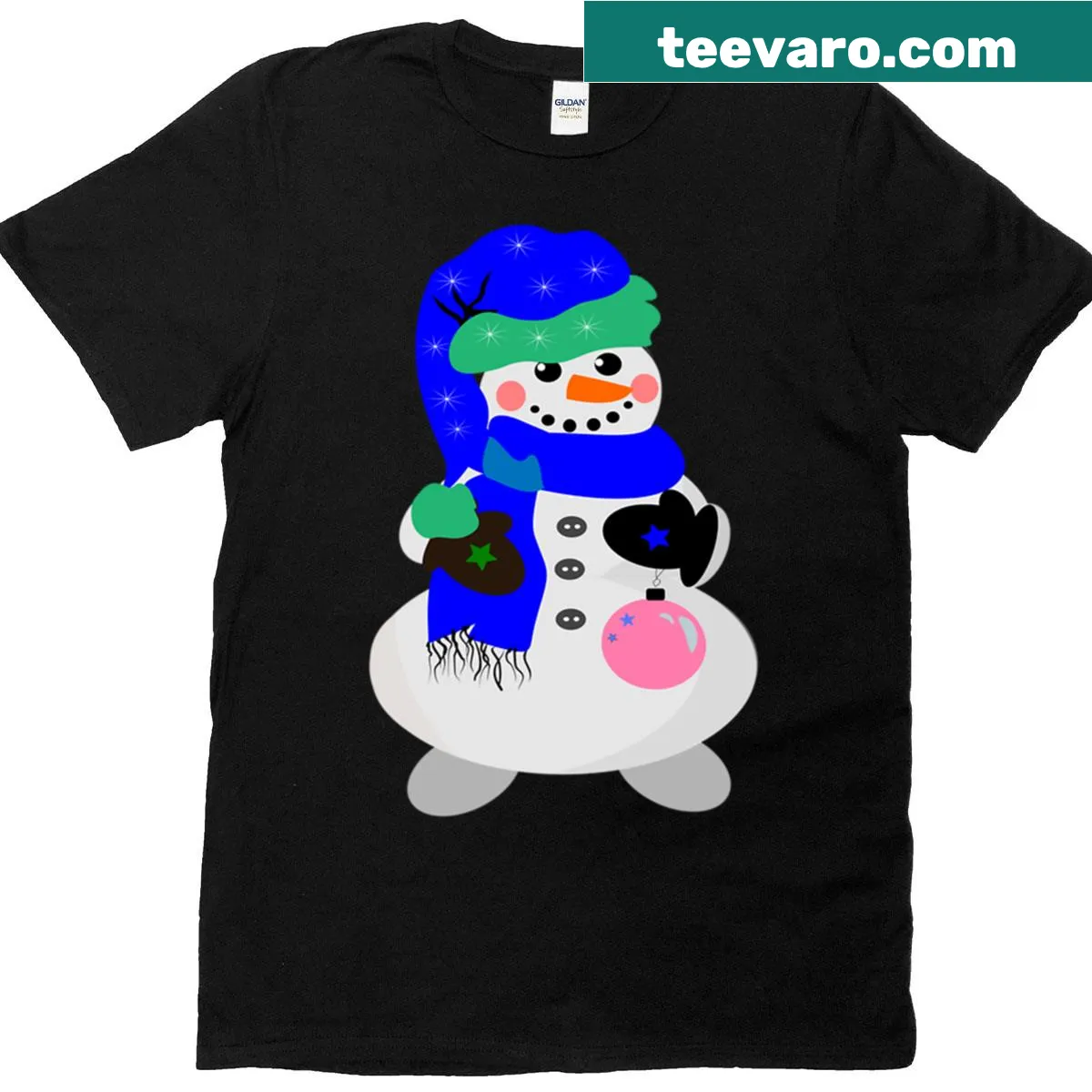 T-shirt featuring a cartoon snowman with a blue cup — on a men's t-shirt