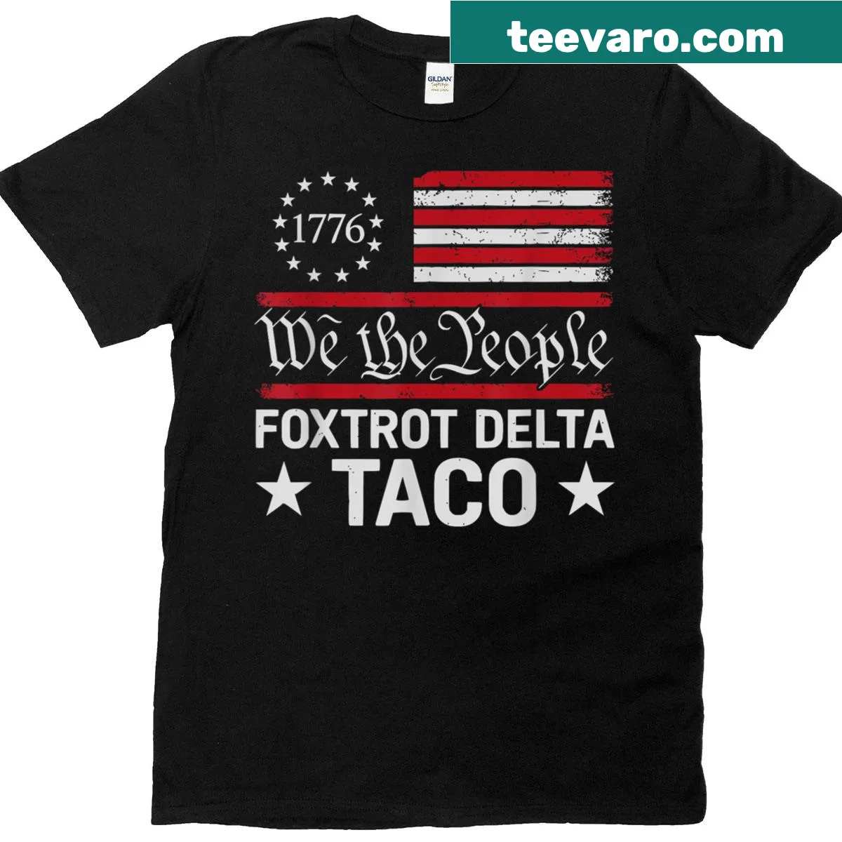 Playful taco-themed graphic T-shirt with patriotic elements — on a men's t-shirt