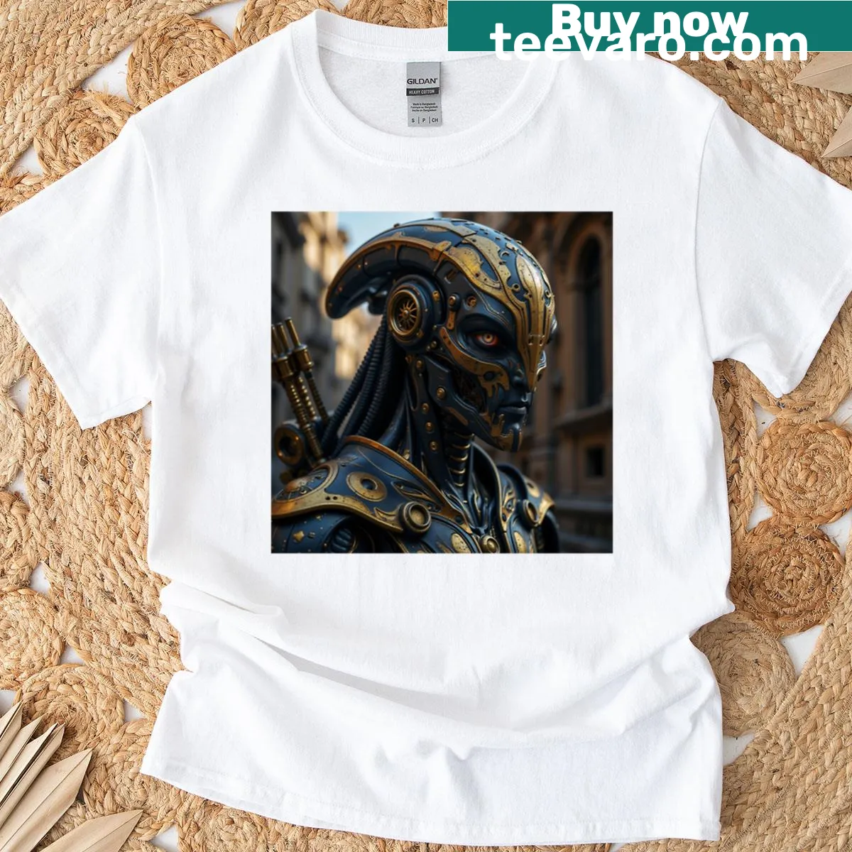 Close-up design of a statue in blue and gold costume — on a men's t-shirt