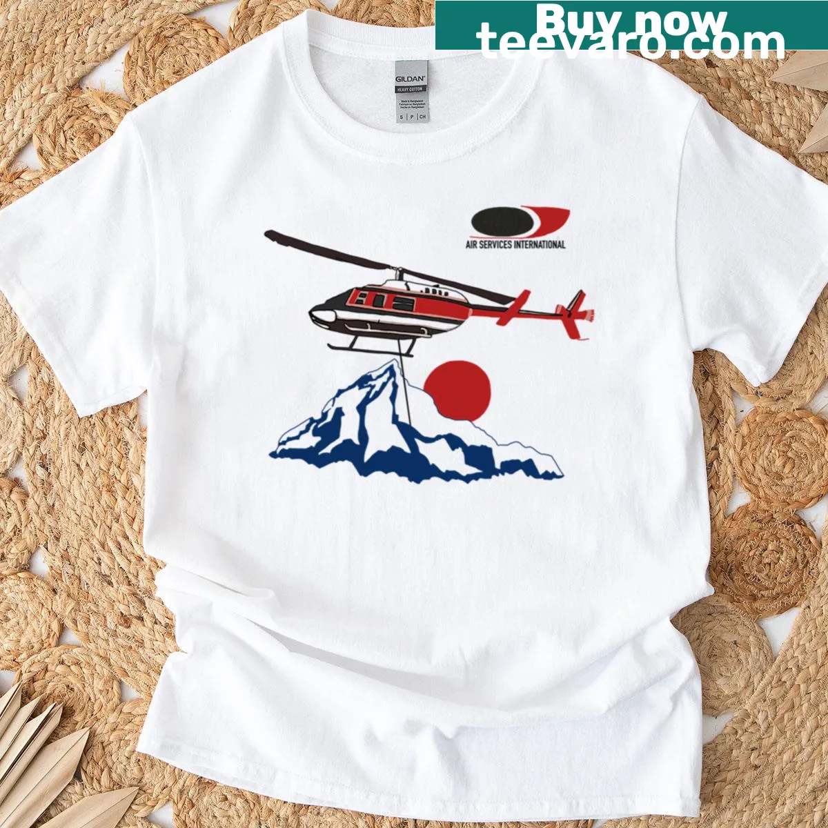 T-shirt featuring an illustration of an aircraft and brand name — on a men's t-shirt