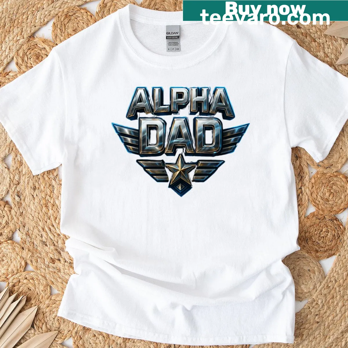 Bold T-shirt featuring a metallic winged emblem that reads 'Alpha Dad.' — on a men's t-shirt