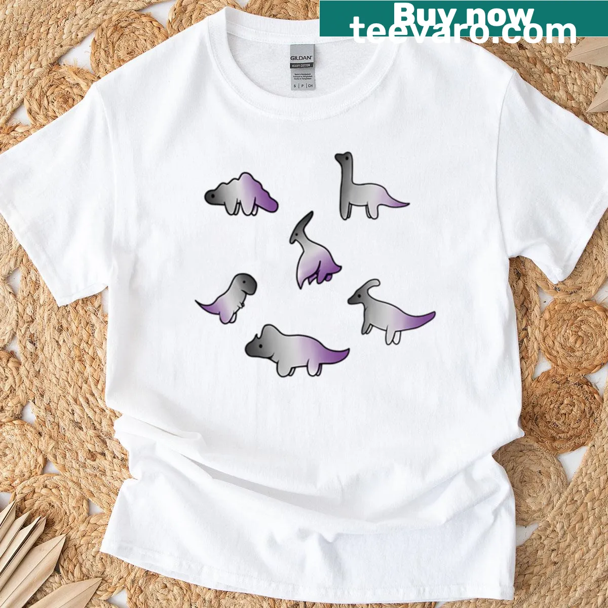 Illustrative T-shirt with asexual dinosaurs — on a men's t-shirt