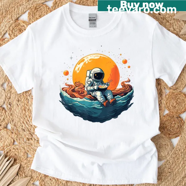 Anime astronaut enjoying ramen in space graphic t-shirt