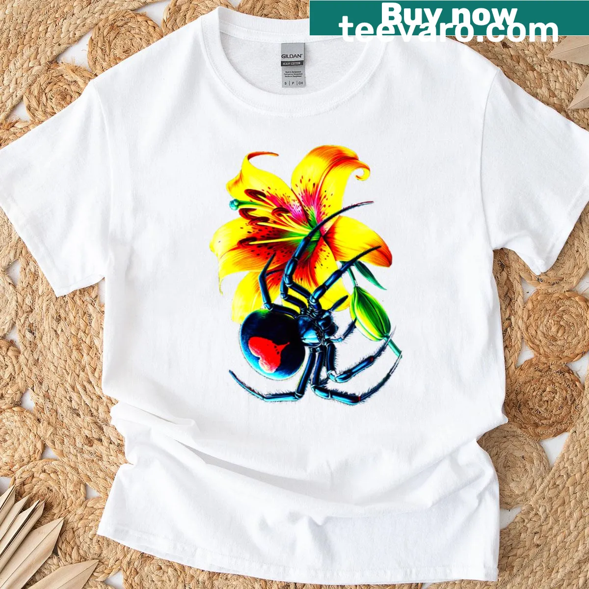Unique t-shirt featuring a widow spider and floral design — on a men's t-shirt