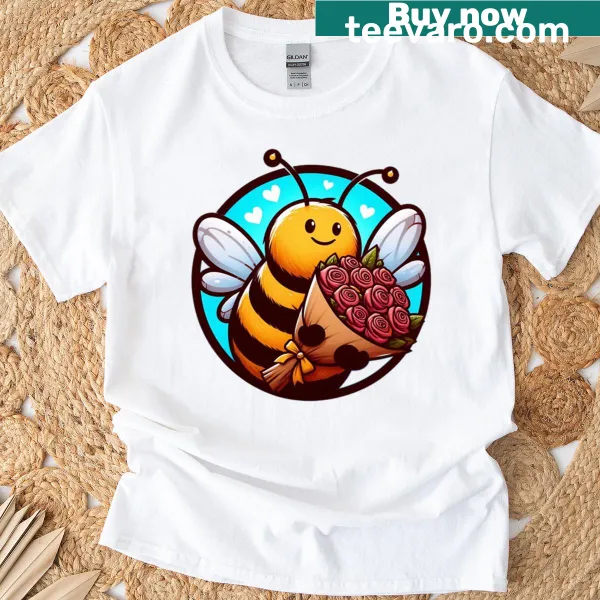 Adorable 'Bee My Valentine' t-shirt with cute bee graphics and playful text.