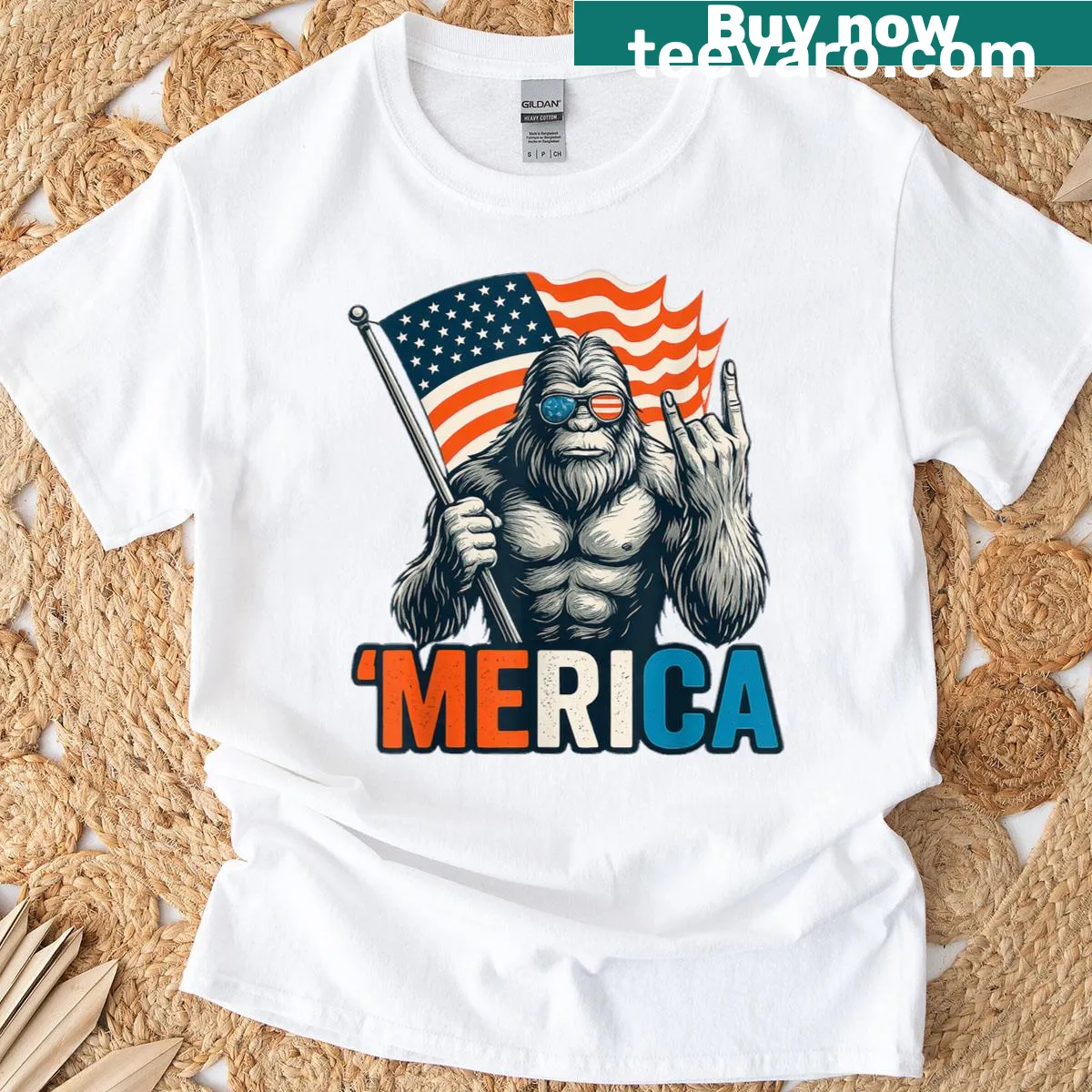 Bigfoot Merica Rock T-shirt with American flag design — on a men's t-shirt