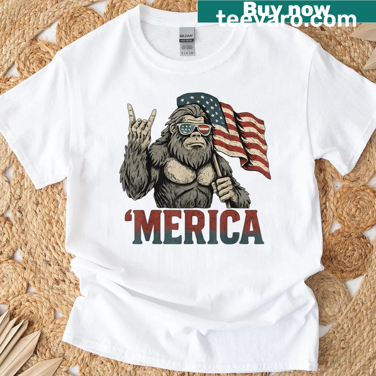 Bigfoot Merica Rock American Flag T-shirt for July 4th — on a men's t-shirt