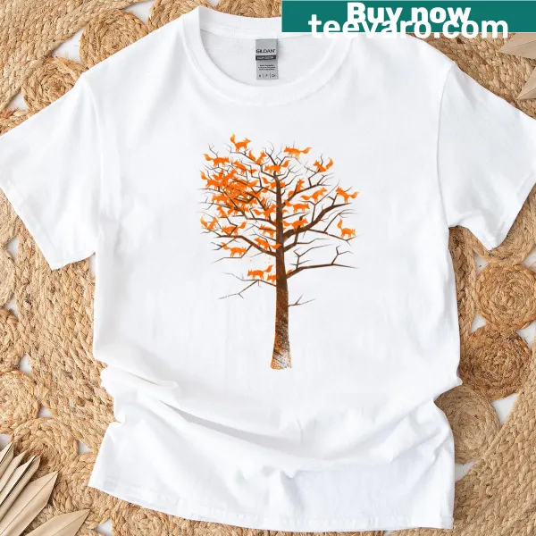 Playful illustration t-shirt featuring a fox among trees.