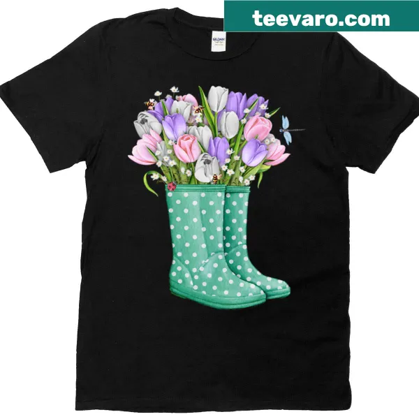 T-shirt featuring flowers blooming from a dotted boot illustration
