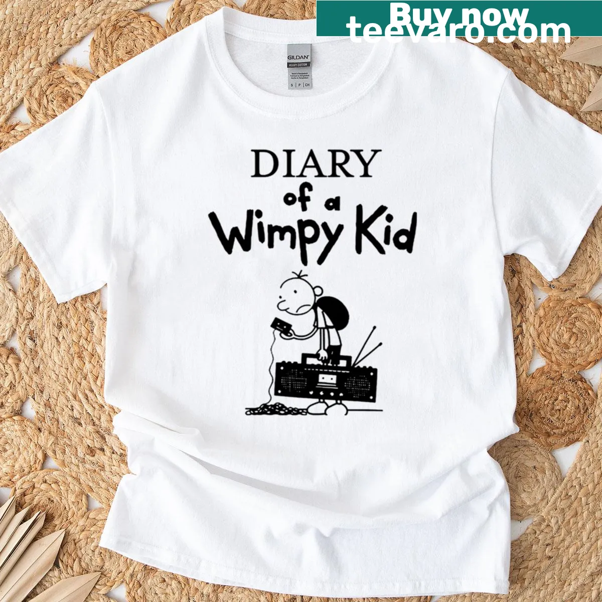 Vintage-style t-shirt featuring books, music notes, and film imagery — on a men's t-shirt