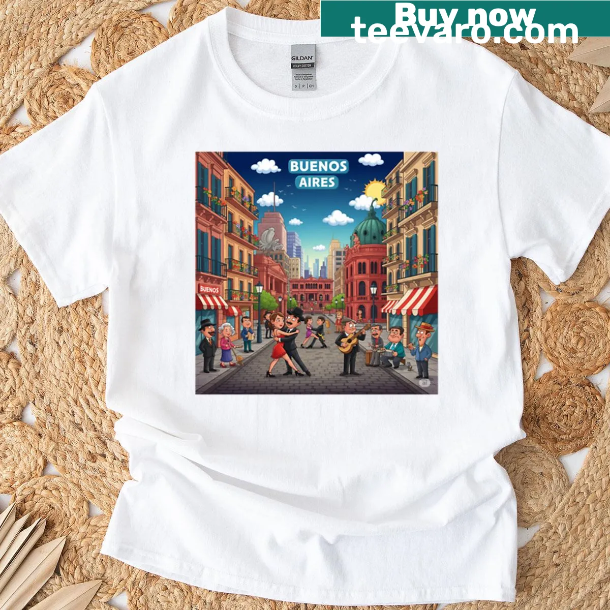 Cartoon T-shirt representing Buenos Aires landmarks — on a men's t-shirt