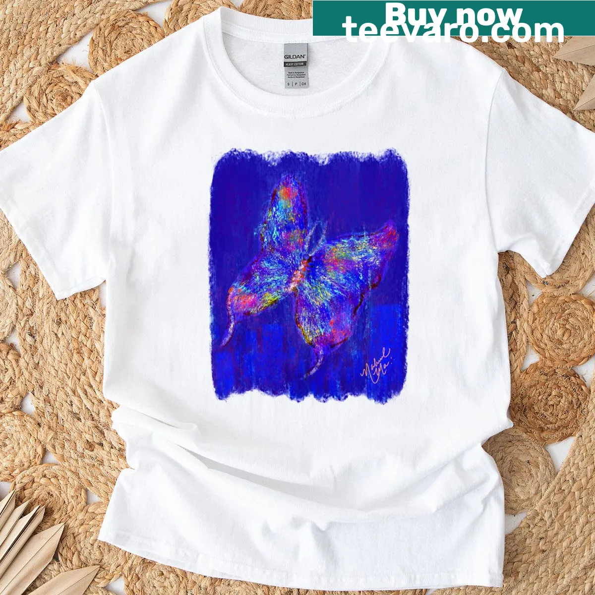 Illustrated T-shirt featuring a butterfly representing nature — on a men's t-shirt