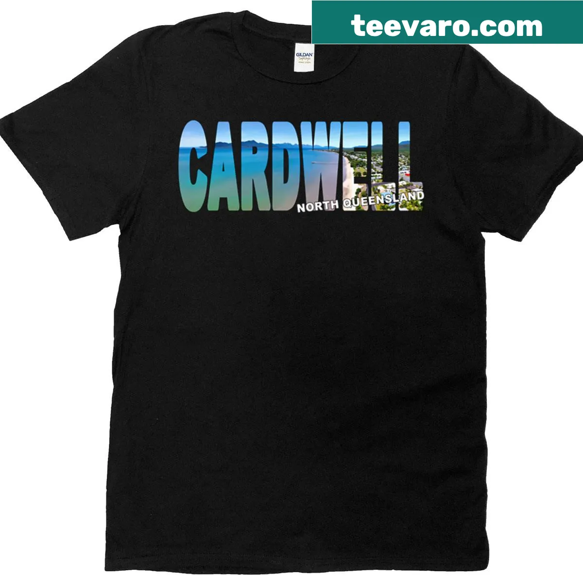 Aerial view graphic of Cardwell, North Queensland on a T-shirt — on a men's t-shirt