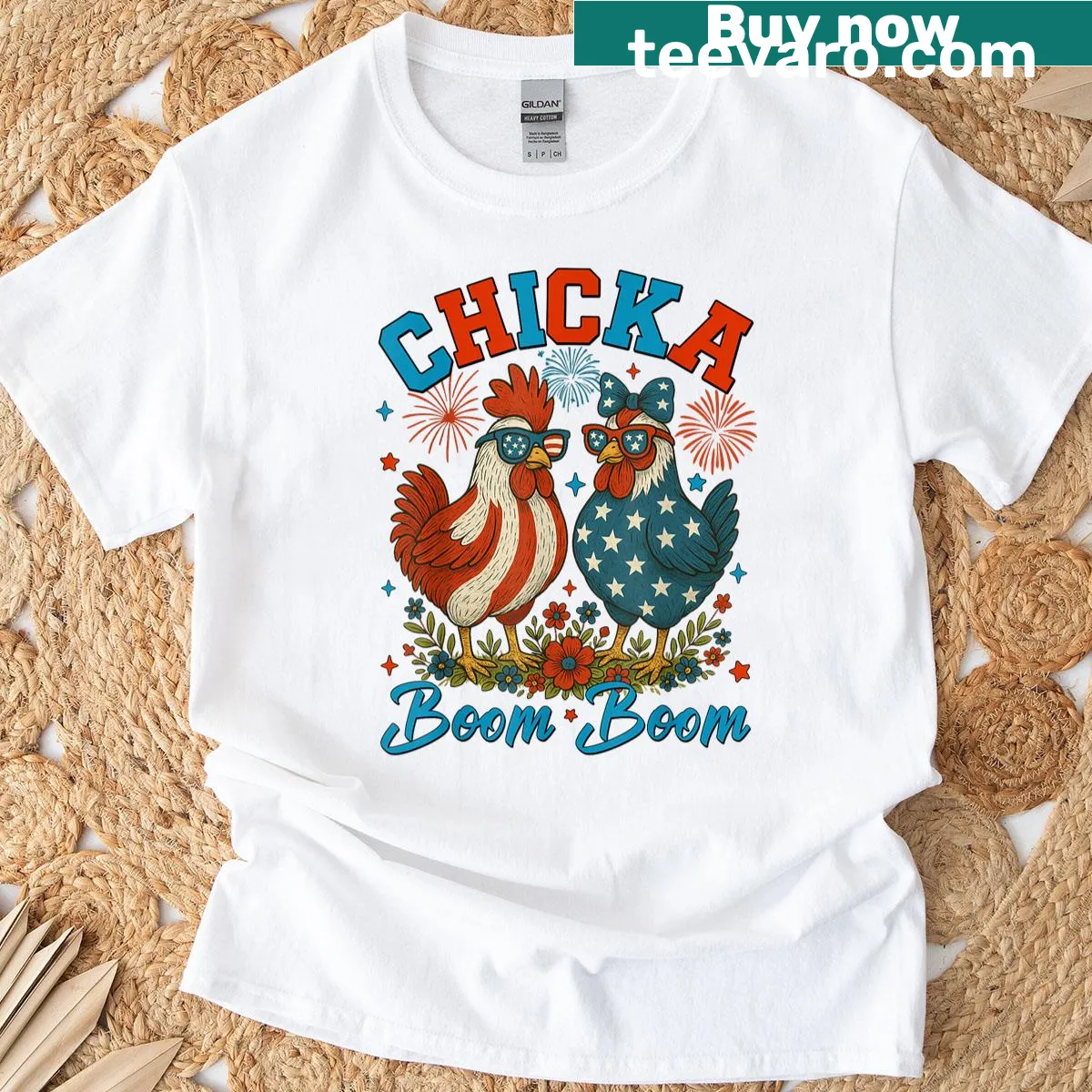 Funny patriotic chicken graphic for 4th of July t-shirt — on a men's t-shirt