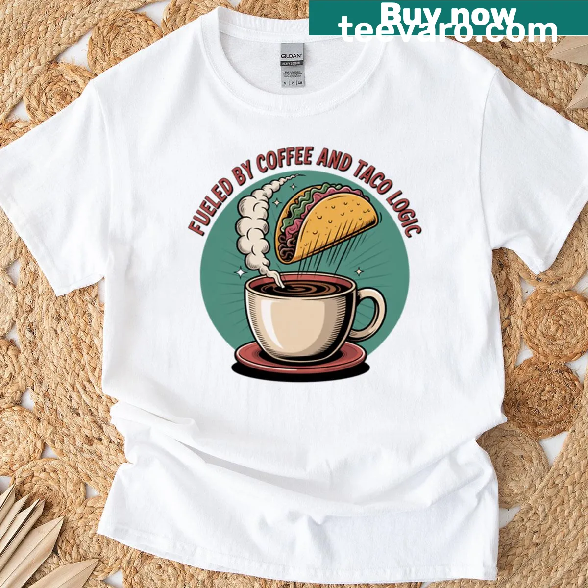 Illustration of coffee and taco logic design for overthinkers — on a men's t-shirt