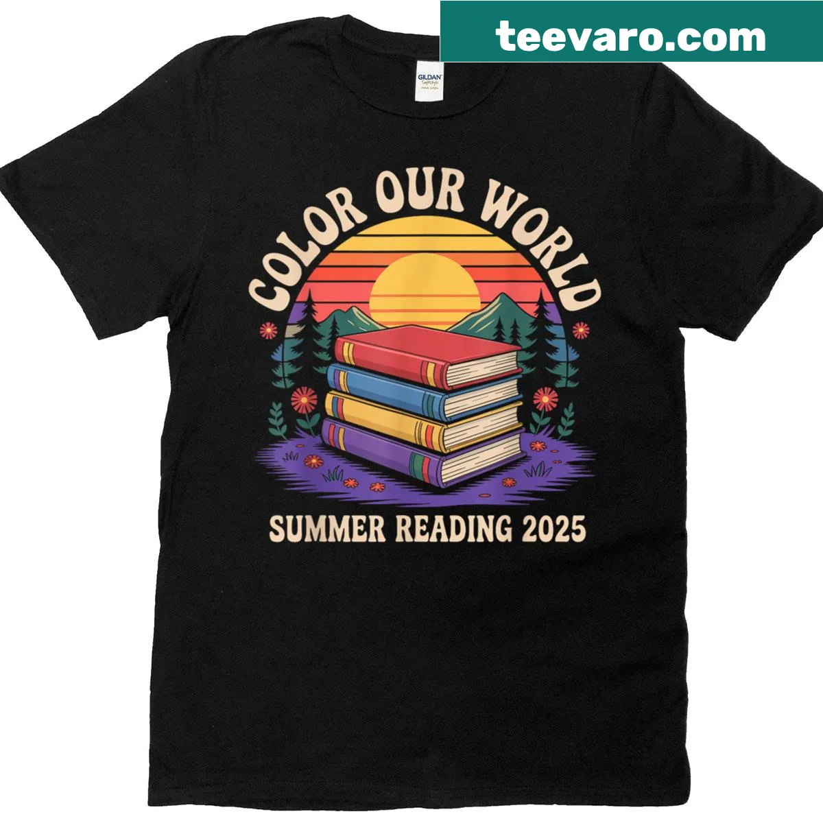 Cute Color Our World Summer Reading t-shirt with book and wildflowers — on a men's t-shirt