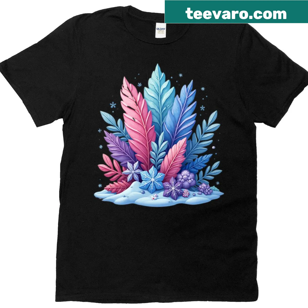 T-shirt featuring colorful foliage and winter flowers — on a men's t-shirt