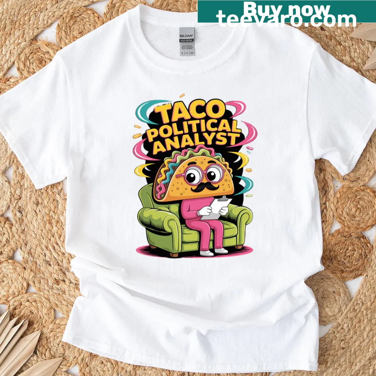 Humorous t-shirt featuring a taco and the phrase Taco Analyst — on a men's t-shirt
