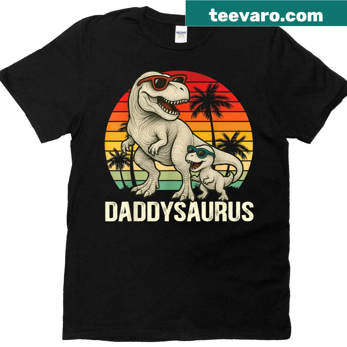 Illustration of a T-rex dinosaur with the text Daddy Saurus — on a men's t-shirt