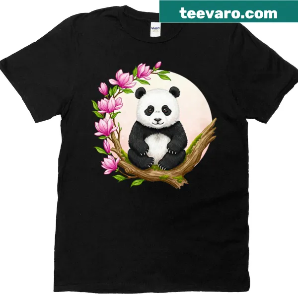 Cute panda bear illustration with magnolia flowers on a t-shirt