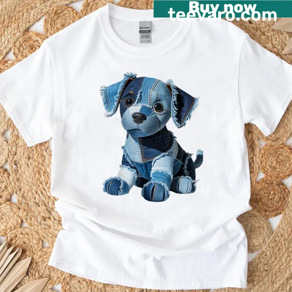 Vintage-style denim T-shirt featuring a patchwork puppy dog graphic
