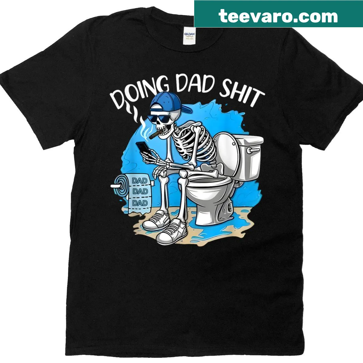 Funny Fathers Day t-shirt featuring a humorous skeleton dad graphic — on a men's t-shirt