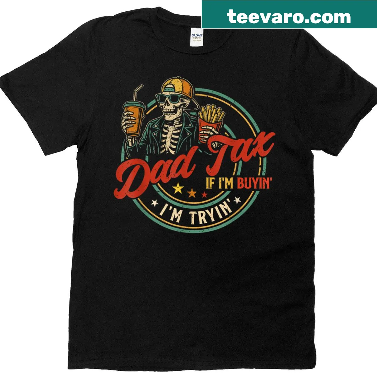 Funny dad graphic tee featuring fast food and Dad Tax phrase — on a men's t-shirt