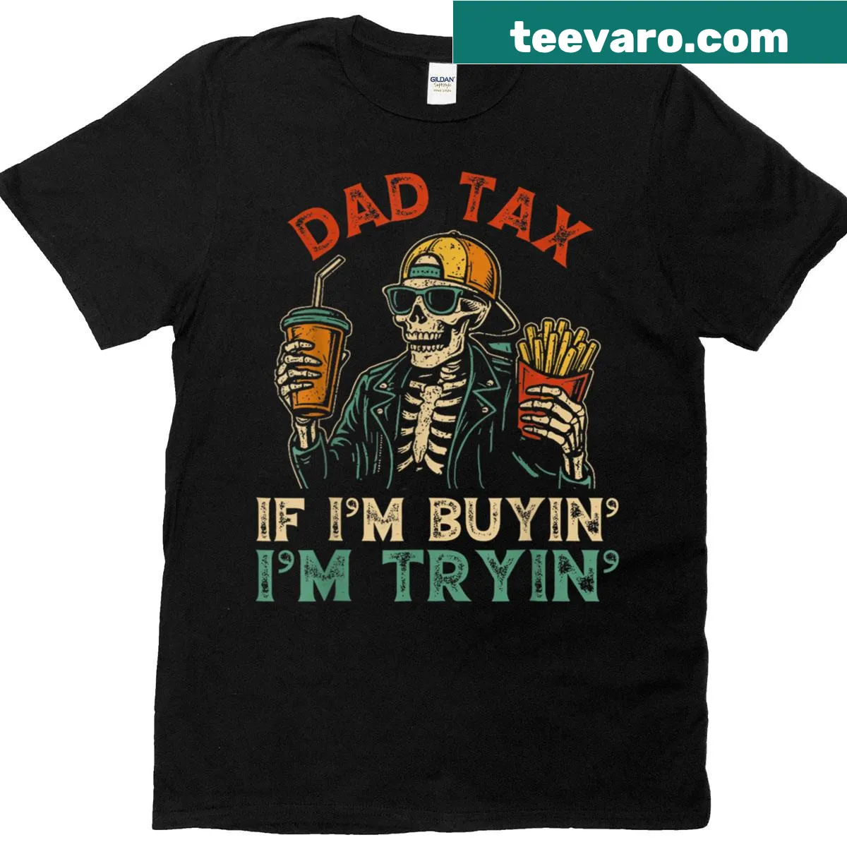 Funny Fathers Day T-shirt with skeleton and 'Dad Tax' phrase — on a men's t-shirt