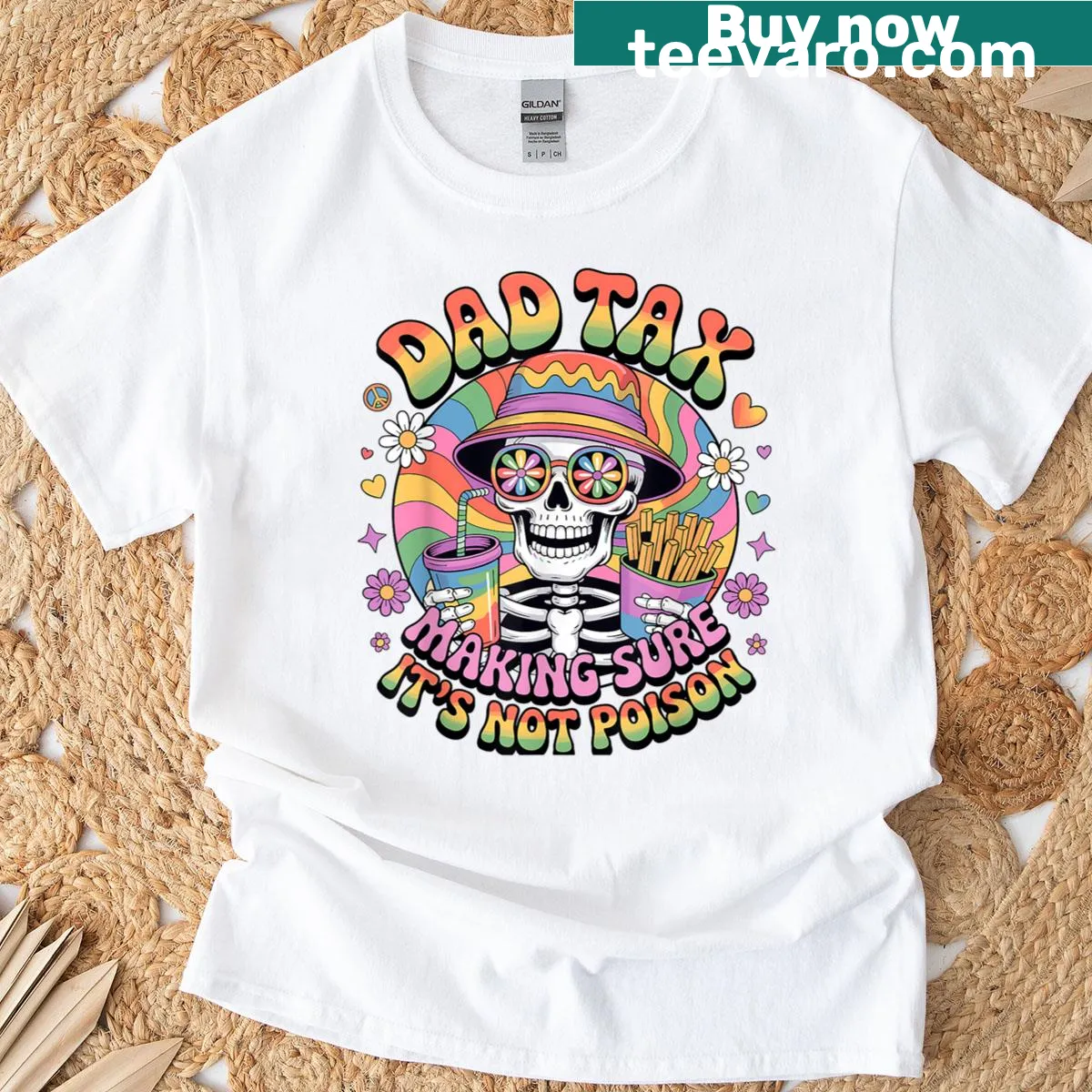Hippie skeleton t-shirt with humorous Dad Tax phrase — on a men's t-shirt