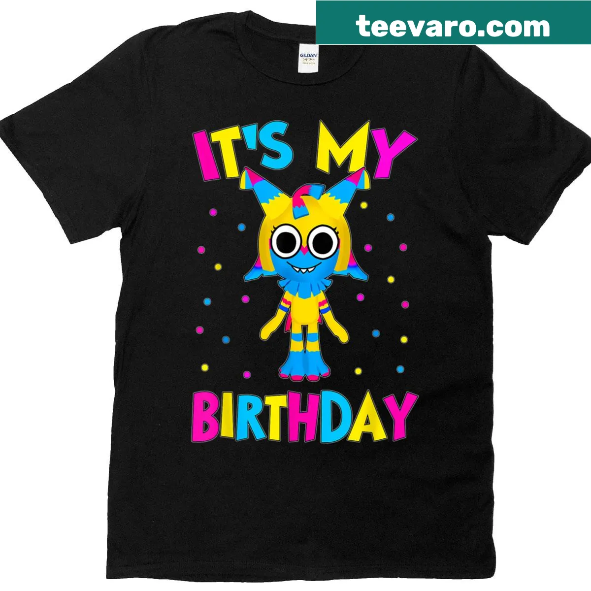 Cartoon birthday T-shirt featuring characters celebrating with Yatta — on a men's t-shirt