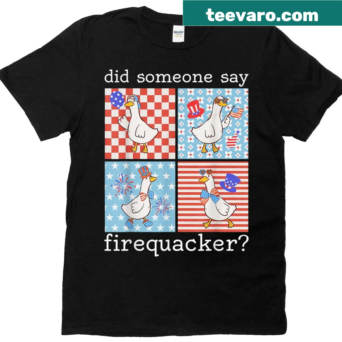 Funny cartoon T-shirt for Fourth of July with 'Did Someone Say Firequacker' — on a men's t-shirt