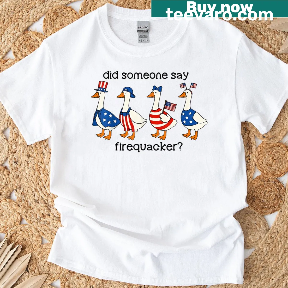 Cartoon goose with US flag and text saying Did Someone Say Firequacker? — on a men's t-shirt