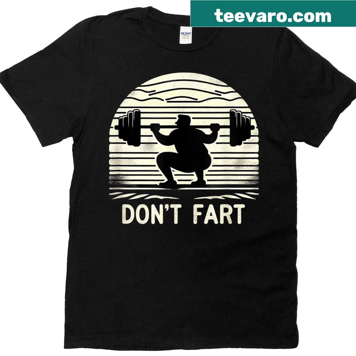 Funny gym T-shirt with text: Don't Fart - humorous workout design — on a men's t-shirt