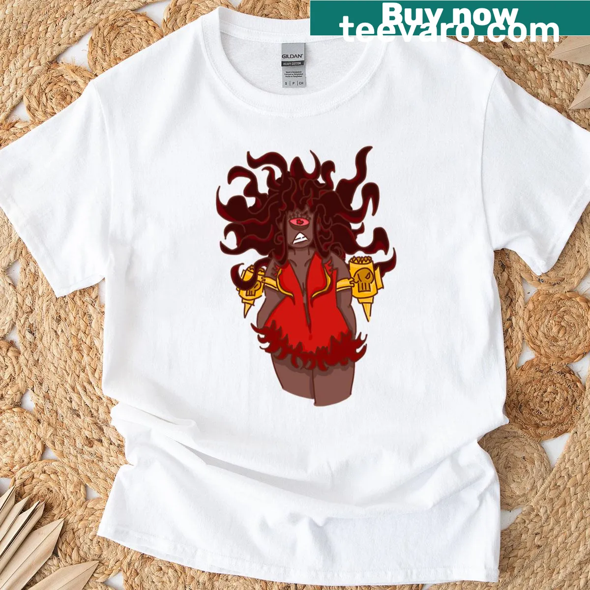 Edgy fantasy-themed T-shirt featuring a fierce illustrated figure — on a men's t-shirt