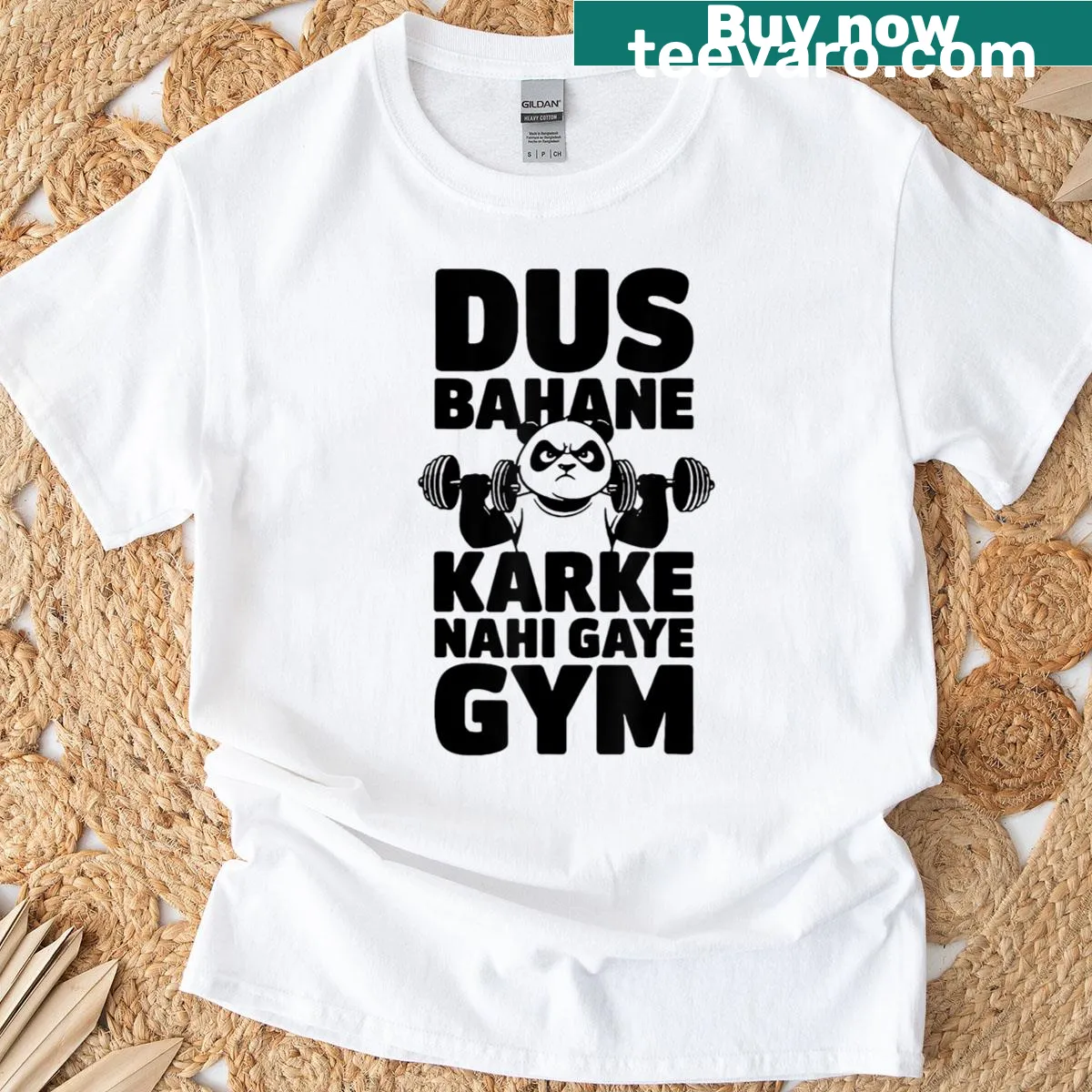 Playful T-shirt with the phrase 'Dus Bahane Karke Nahi Gaye Gym.' — on a men's t-shirt