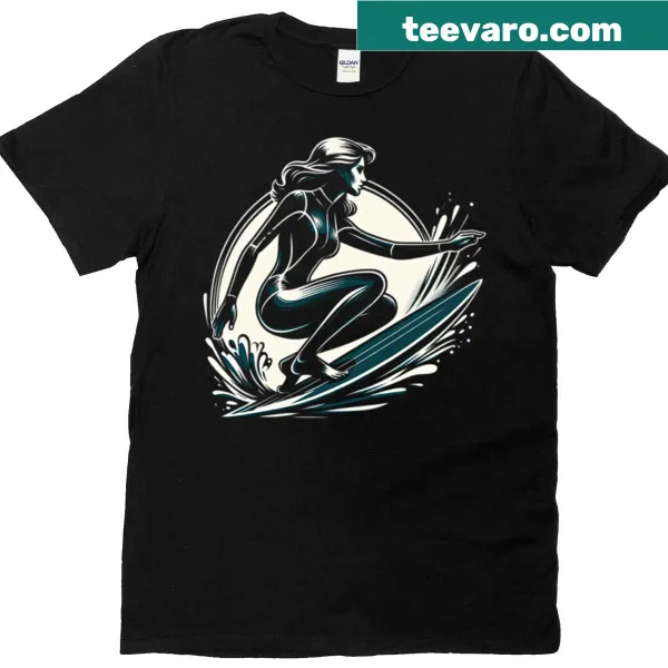 Illustration of a surfer girl riding a wave on a T-shirt