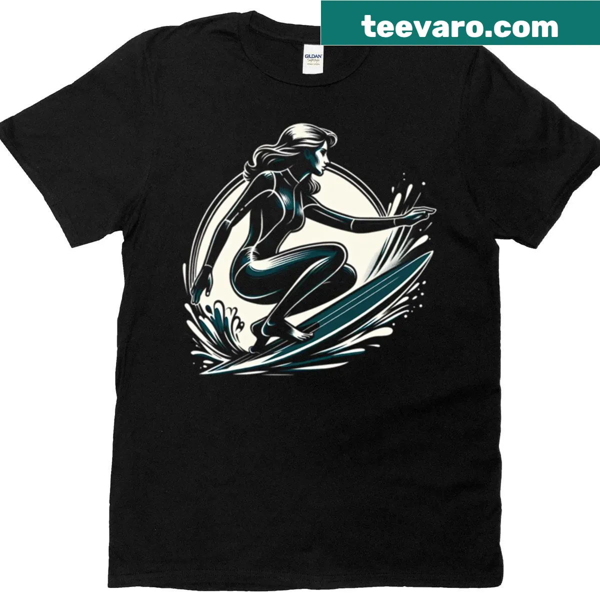 Illustration of a surfer girl riding a wave on a T-shirt — on a men's t-shirt