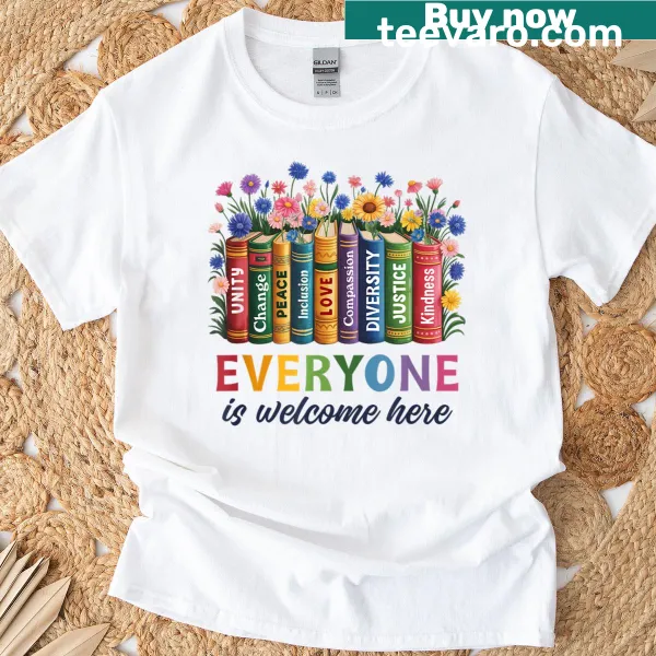 Floral design t-shirt with the message 'Everyone Is Welcome Here'