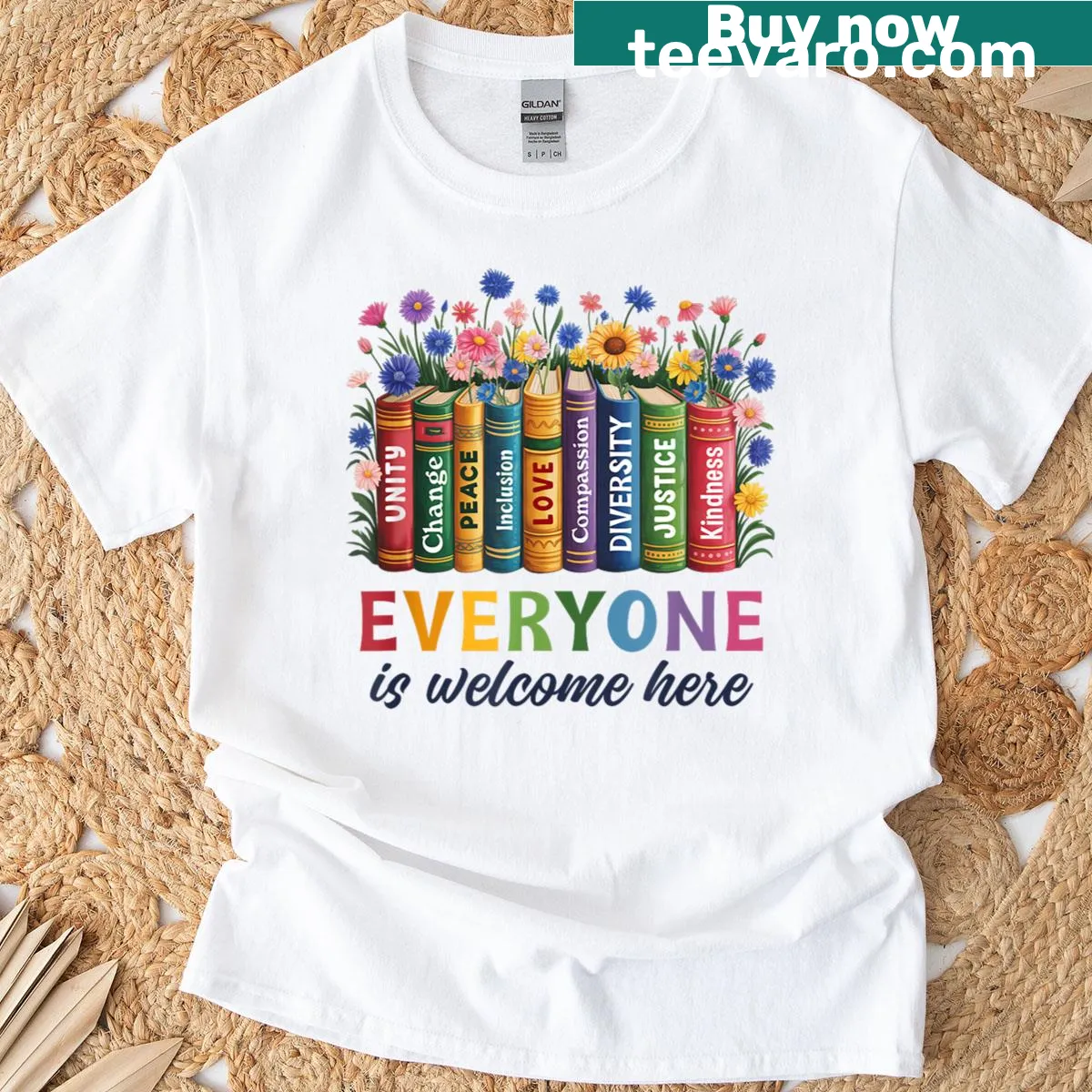 Floral design t-shirt with the message 'Everyone Is Welcome Here' — on a men's t-shirt