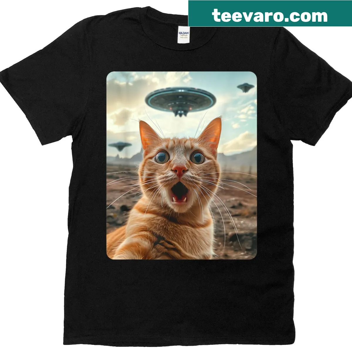 Whimsical T-shirt with a cat taking a selfie with a UFO — on a men's t-shirt