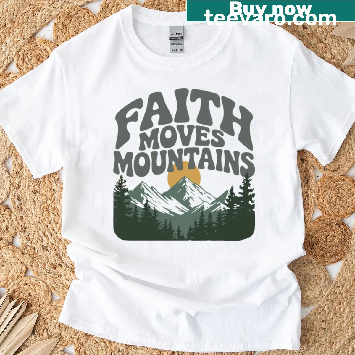 Vintage-inspired t-shirt featuring the phrase 'Faith Moves Mountains' — on a men's t-shirt