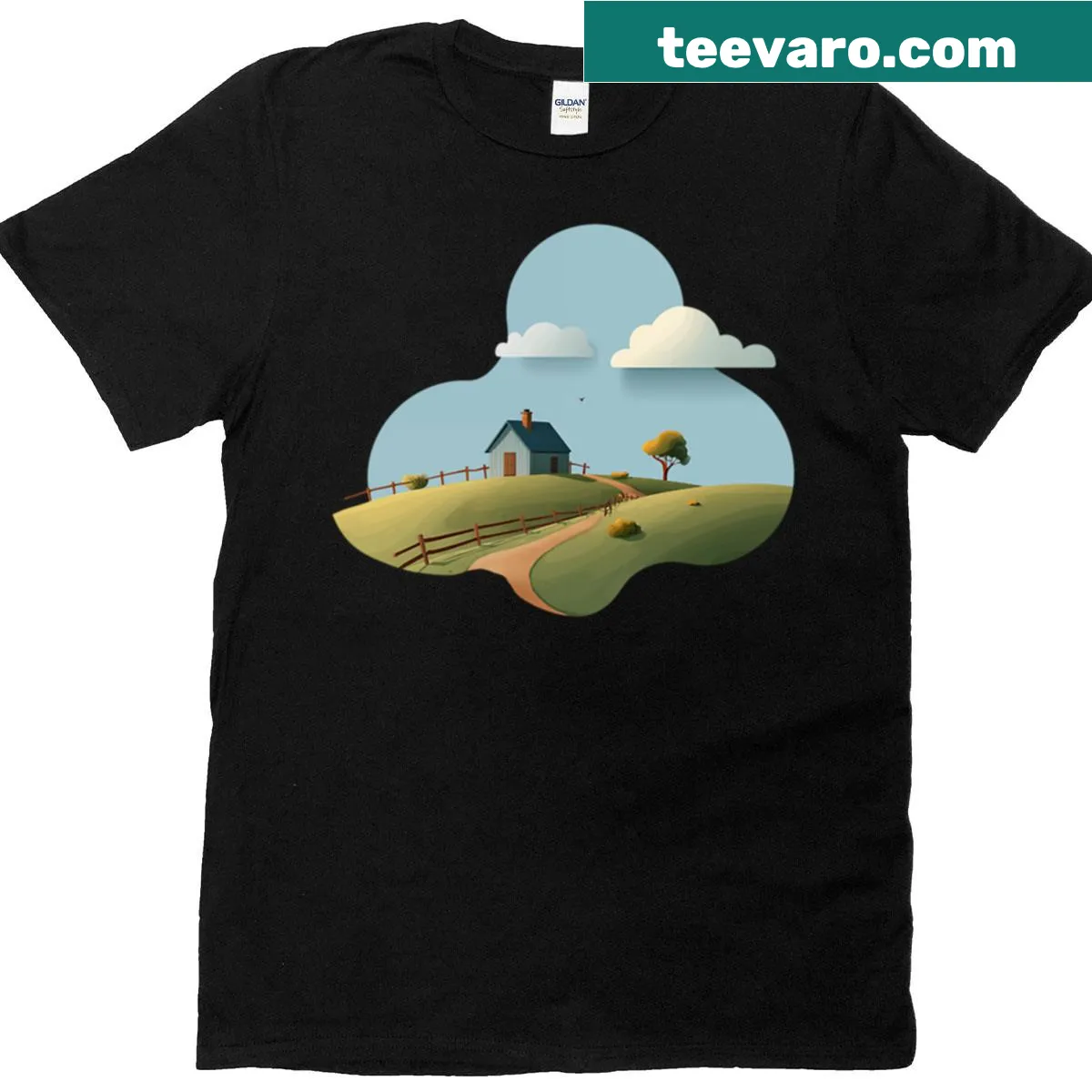 Charming illustration of a farm cottage in an open field — on a men's t-shirt