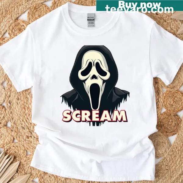 Eerie graphic t-shirt featuring a fearful scream and haunting mask