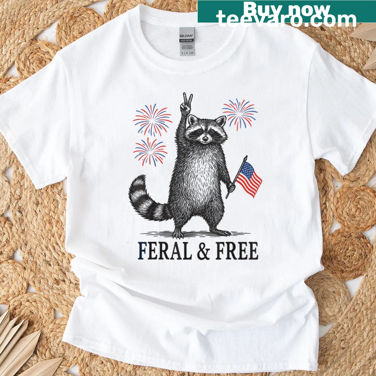 Playful raccoon graphic with USA flag for 4th of July — on a men's t-shirt