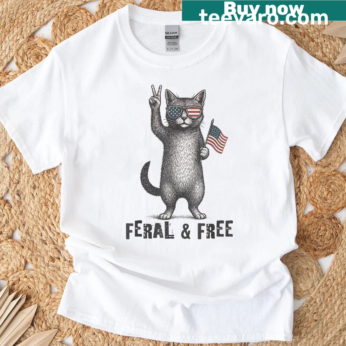 Whimsical feral cat design celebrating Independence Day on T-shirt — on a men's t-shirt