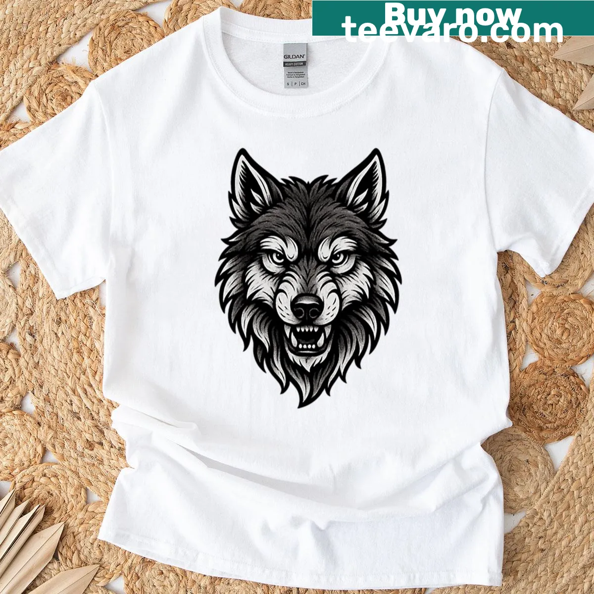 Black and white wolf illustration on a bold T-shirt — on a men's t-shirt
