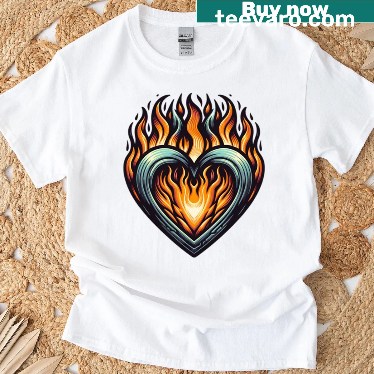 Illustration of a flaming heart symbolizing passionate love — on a men's t-shirt