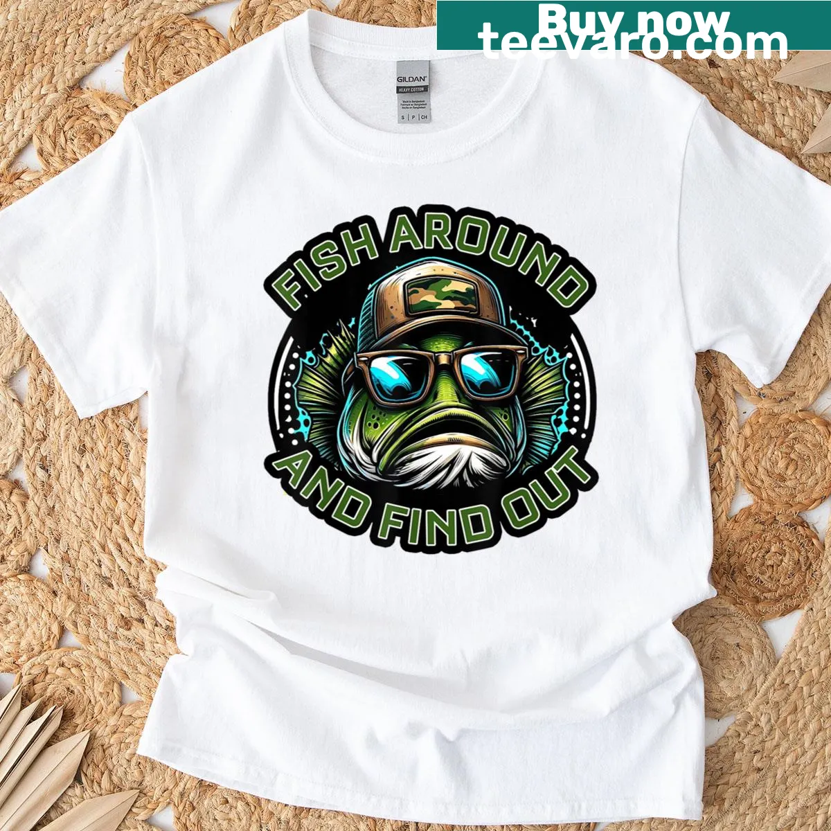 Humorous fishing-themed graphic featuring a bass fish — on a men's t-shirt