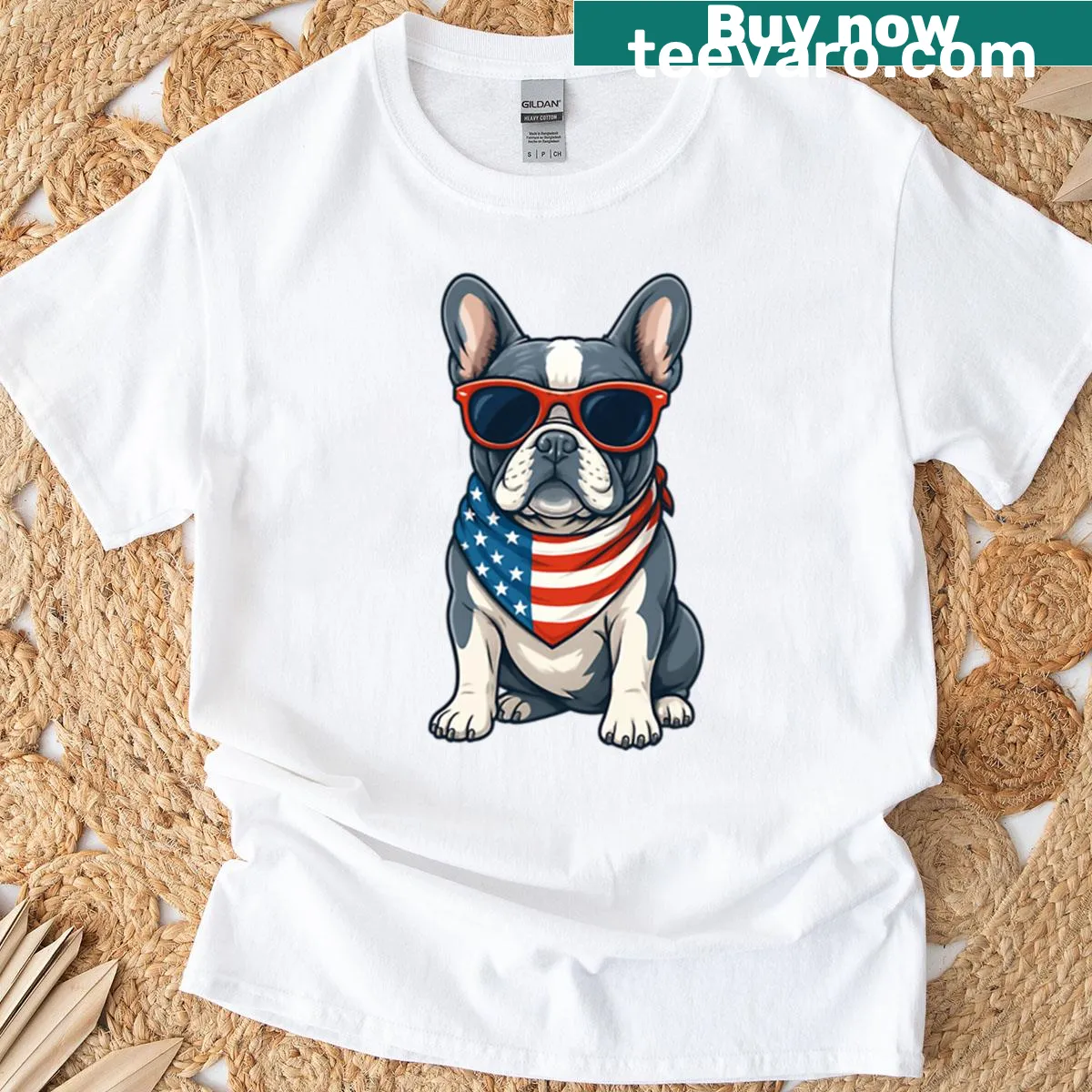 French Bulldog with USA bandana illustration T-shirt — on a men's t-shirt